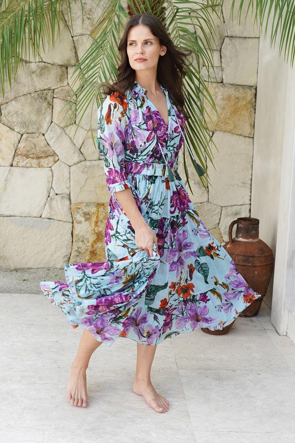 samantha sung Aster Dress Shirt Collar 3/4 Sleeve Midi Length Cotton Musola (Gogh Summer)