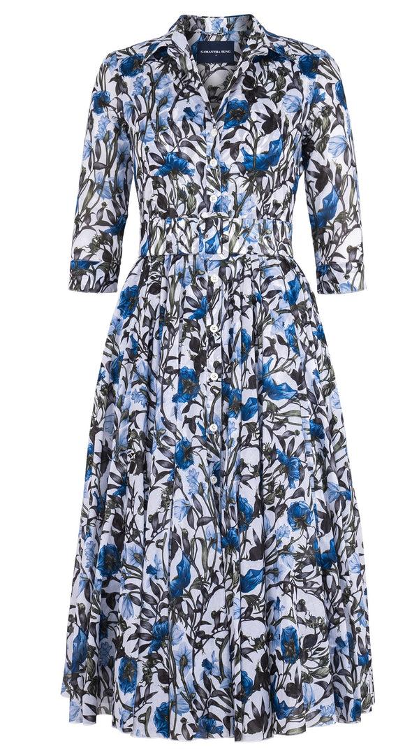 samantha sung Aster Dress Shirt Collar 3/4 Sleeve Midi Length Cotton Musola (Meadow Flower White)