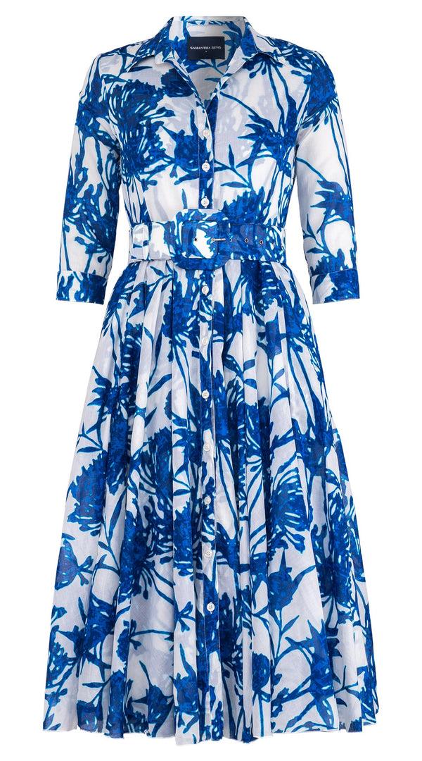 samantha sung Aster Dress Shirt Collar 3/4 Sleeve Midi Length Cotton Musola (Primavery Silhouette White)