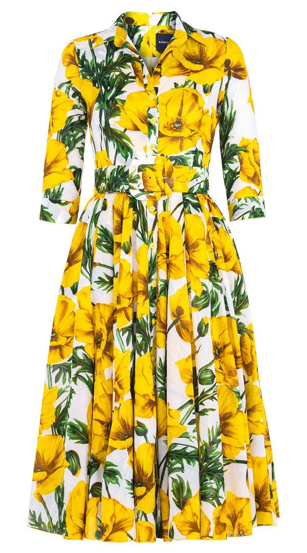 Samantha Sung Aster Dress Shirt Collar 3/4 Sleeve Midi Length Cotton Musola (Poppy Poland Big)