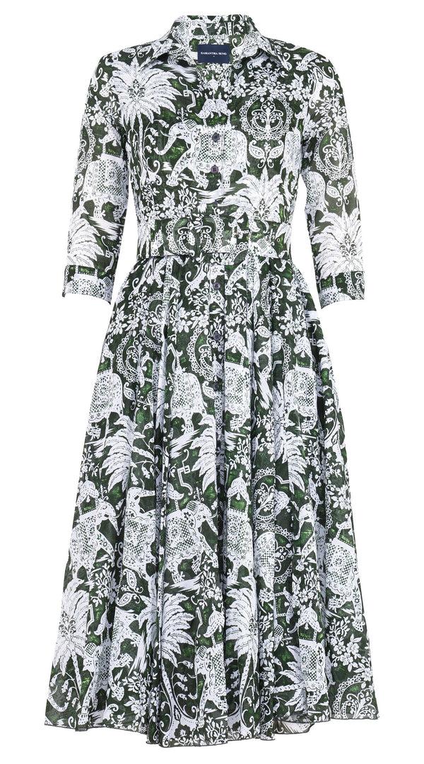 Samantha Sung Aster Dress Shirt Collar 3/4 Sleeve Midi Length Cotton Musola (Elephant Bandana)