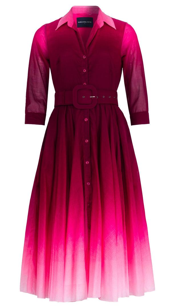 Samantha Sung Aster Dress Shirt Collar 3/4 Sleeve Midi Length Cotton Musola (Ombre New)