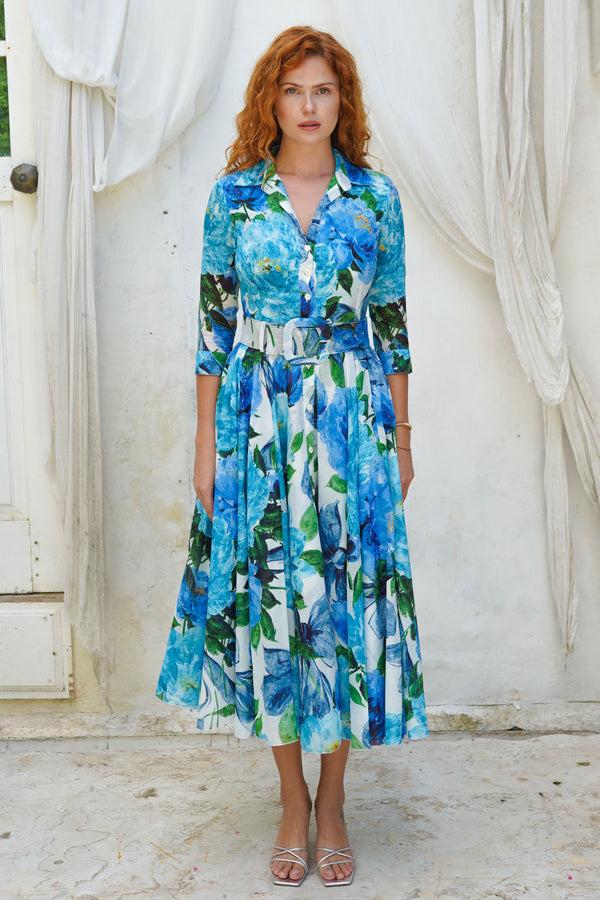 samantha sung Aster Dress Shirt Collar 3/4 Sleeve Midi Length Cotton Musola (Darby Rose White)