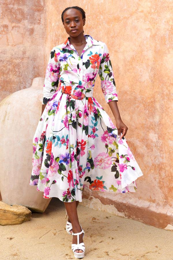 Samantha Sung Aster Dress Shirt Collar 3/4 Sleeve Midi Length Cotton Musola (Fiori Florance)