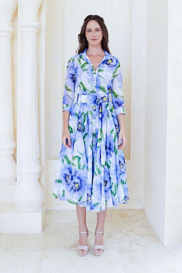 samantha sung Aster Dress Shirt Collar 3/4 Sleeve Midi Length Cotton Musola (Pastel Magnolia White)