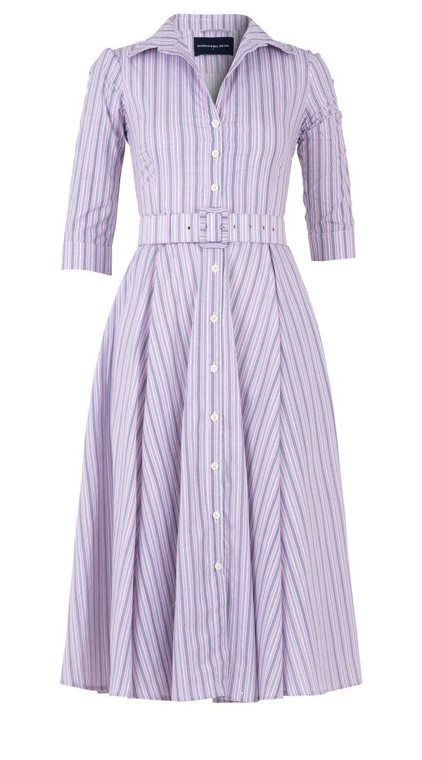 Samantha Sung Aster Dress Shirt Collar 3/4 Sleeve Midi Length Poplin (Napoli Stripe Pastel)