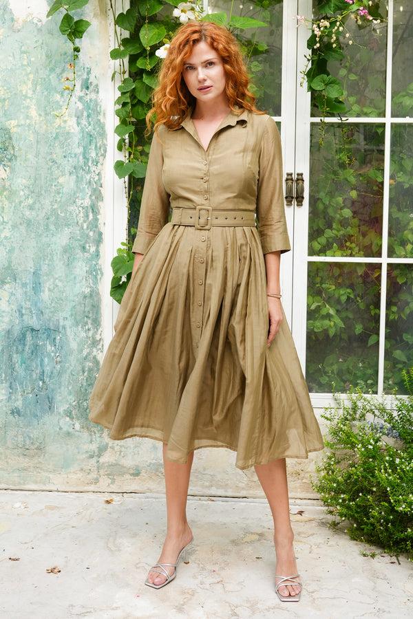 samantha sung Aster Dress Shirt Collar 3/4 Sleeve Midi Length Silk Musola (Solid)