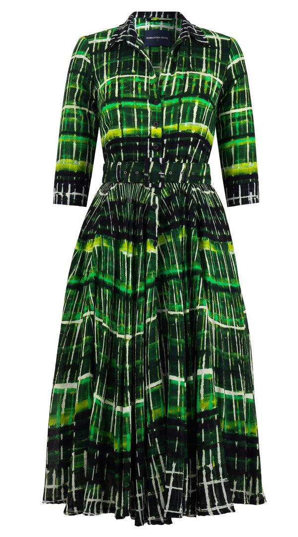 samantha sung Aster Dress Shirt Collar 3/4 Sleeve Midi Length Wool (Watercolor Plaid Big) - Green