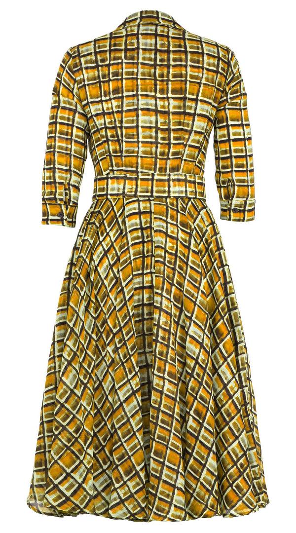Samantha Sung Aster Dress Shirt Collar 3/4 Sleeve Midi Length Wool (Watercolor Check) - Yellow