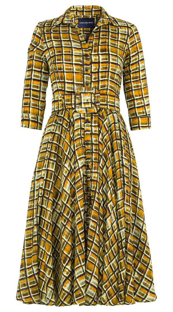 samantha sung Aster Dress Shirt Collar 3/4 Sleeve Midi Length Wool (Watercolor Check) - Yellow