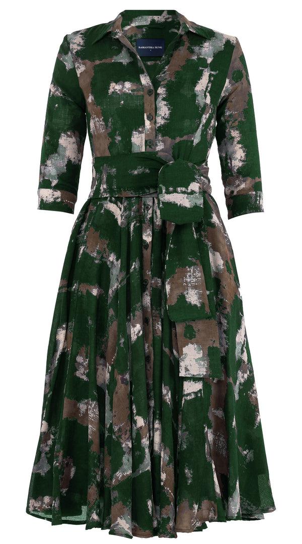 Samantha Sung Aster Dress Shirt Collar 3/4 Sleeve Midi Length Wool (Jupitar Check) - Green