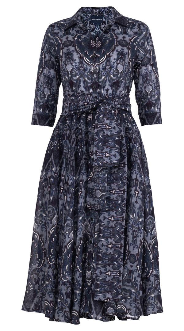 Samantha Sung Aster Dress Shirt Collar 3/4 Sleeve Midi Length Wool (Mill Creek Paisley Dark) - Grey