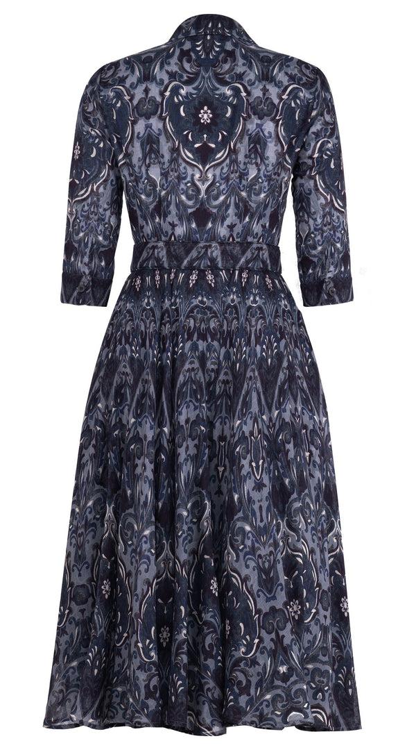 Samantha Sung Aster Dress Shirt Collar 3/4 Sleeve Midi Length Wool (Mill Creek Paisley Dark) - Grey