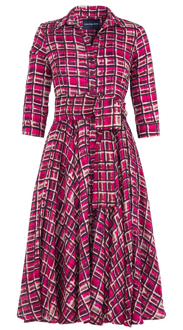 Samantha Sung Aster Dress Shirt Collar 3/4 Sleeve Midi Length Wool (Watercolor Check) - Pink