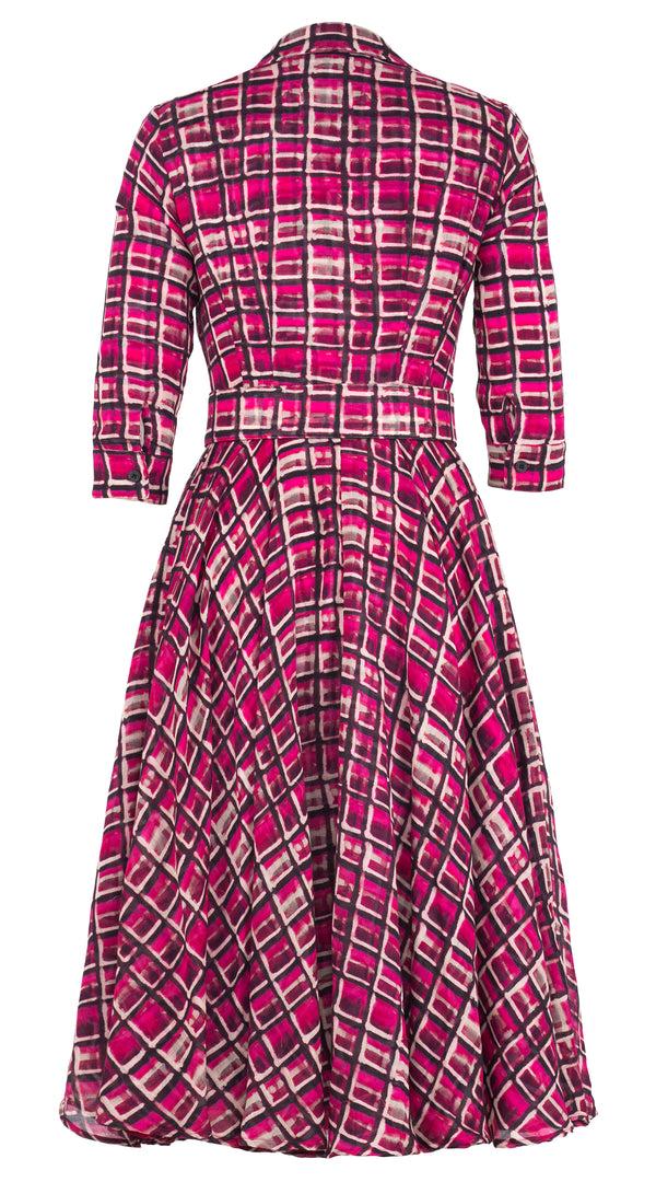 Samantha Sung Aster Dress Shirt Collar 3/4 Sleeve Midi Length Wool (Watercolor Check) - Pink