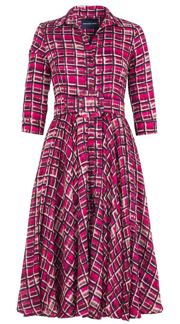 samantha sung Aster Dress Shirt Collar 3/4 Sleeve Midi Length Wool (Watercolor Check) - Pink
