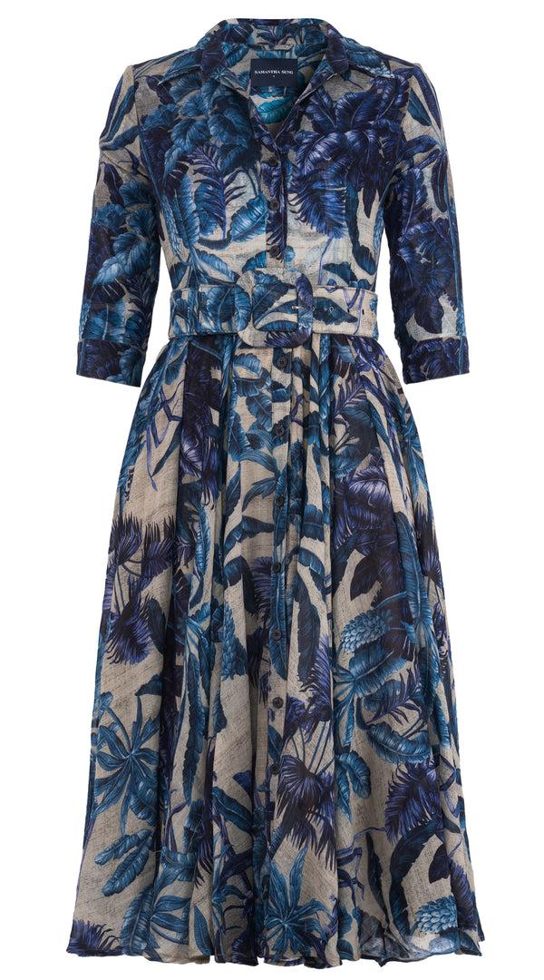 samantha sung Aster Dress Shirt Collar 3/4 Sleeve Midi Length Wool (Vintage Palm Beige) - Beige Indigo