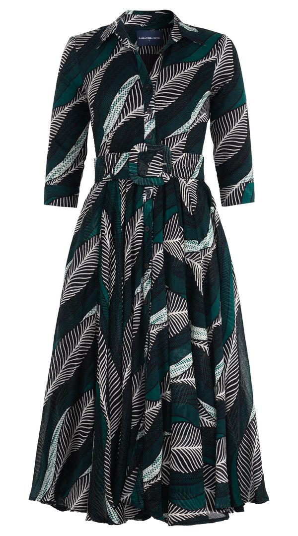 samantha sung Aster Dress Shirt Collar 3/4 Sleeve Midi Length Wool (Ukara Leaves Ivory)