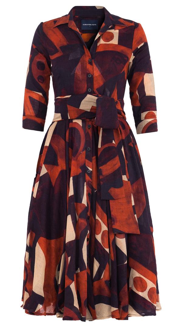 Samantha Sung Aster Dress Shirt Collar 3/4 Sleeve Midi Length Wool (Morello Graphic Dark) - Red Sepia