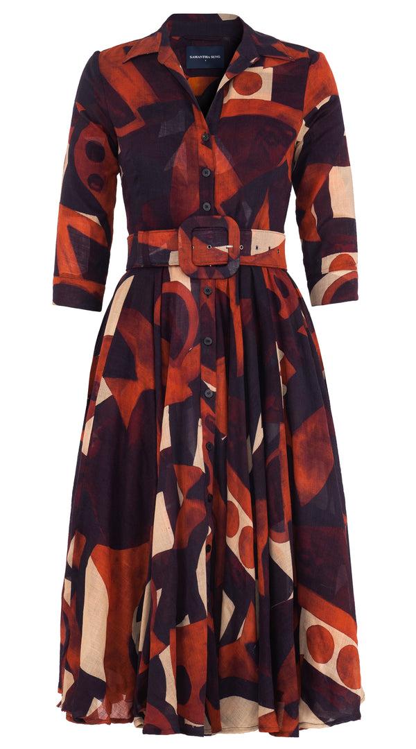 samantha sung Aster Dress Shirt Collar 3/4 Sleeve Midi Length Wool (Morello Graphic Dark) - Red Sepia