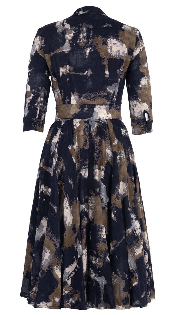 Samantha Sung Aster Dress Shirt Collar 3/4 Sleeve Midi Length Wool (Jupitar Check) - Indigo