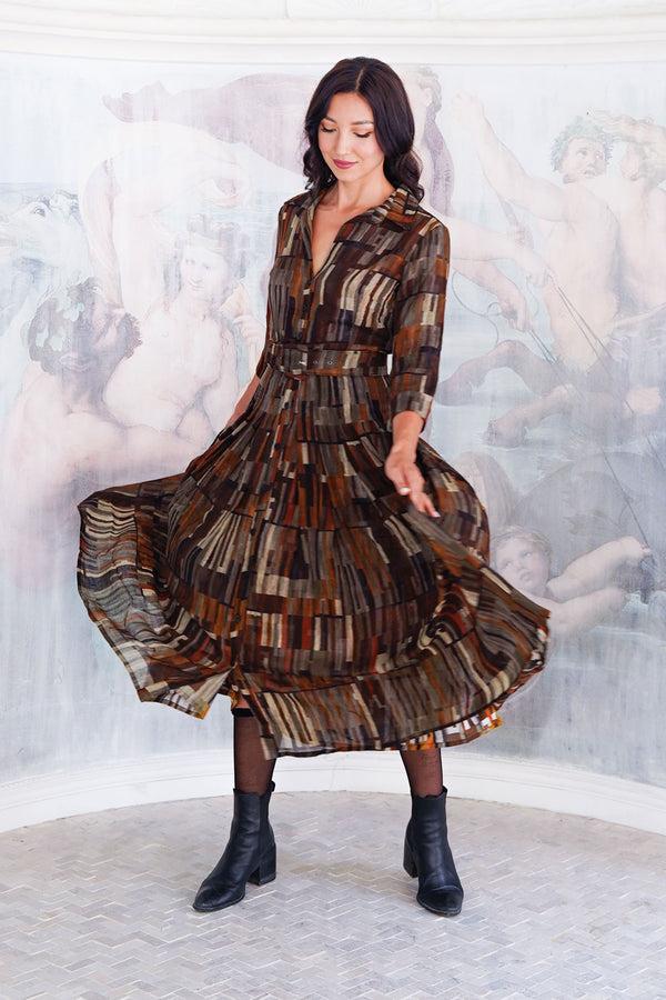 Samantha Sung Aster Dress Shirt Collar 3/4 Sleeve Midi Length Wool (Granada Rug) - Ochra