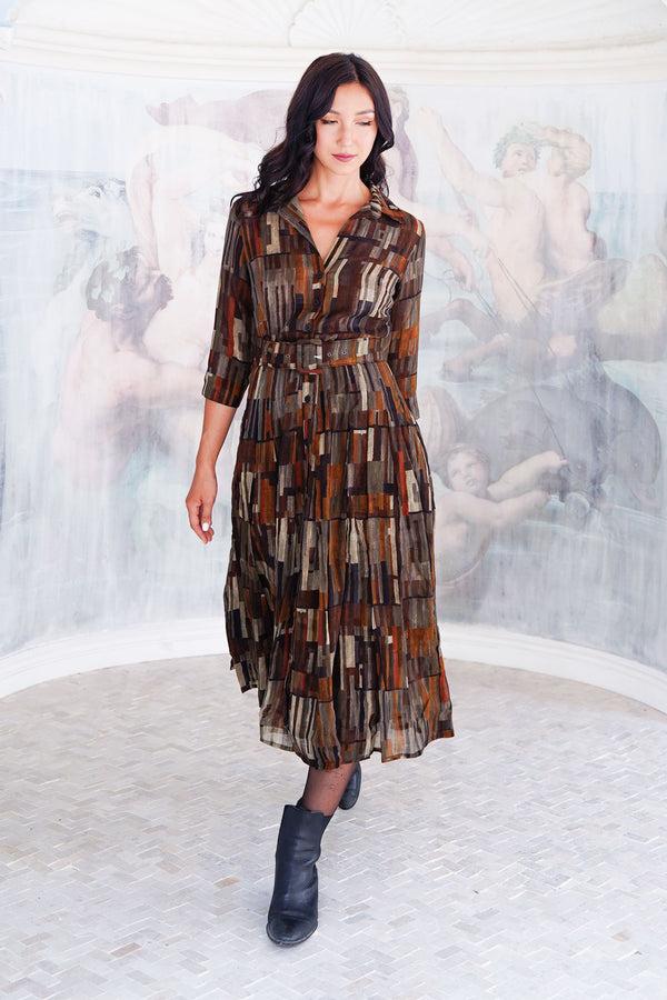 samantha sung Aster Dress Shirt Collar 3/4 Sleeve Midi Length Wool (Granada Rug) - Ochra