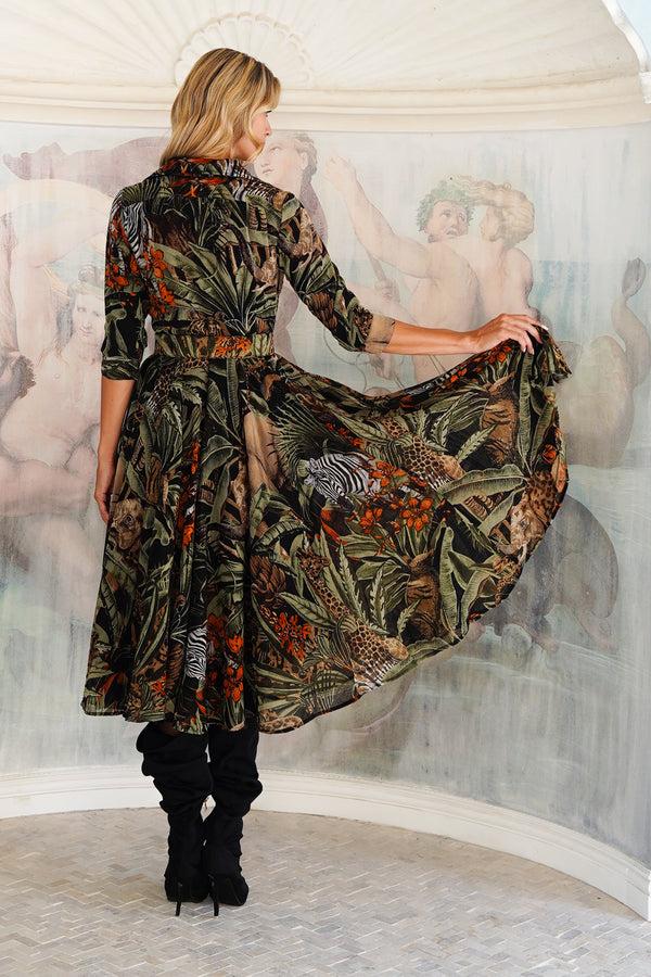 Samantha Sung Aster Dress Shirt Collar 3/4 Sleeve Midi Length Wool (Animal Forest) - Black