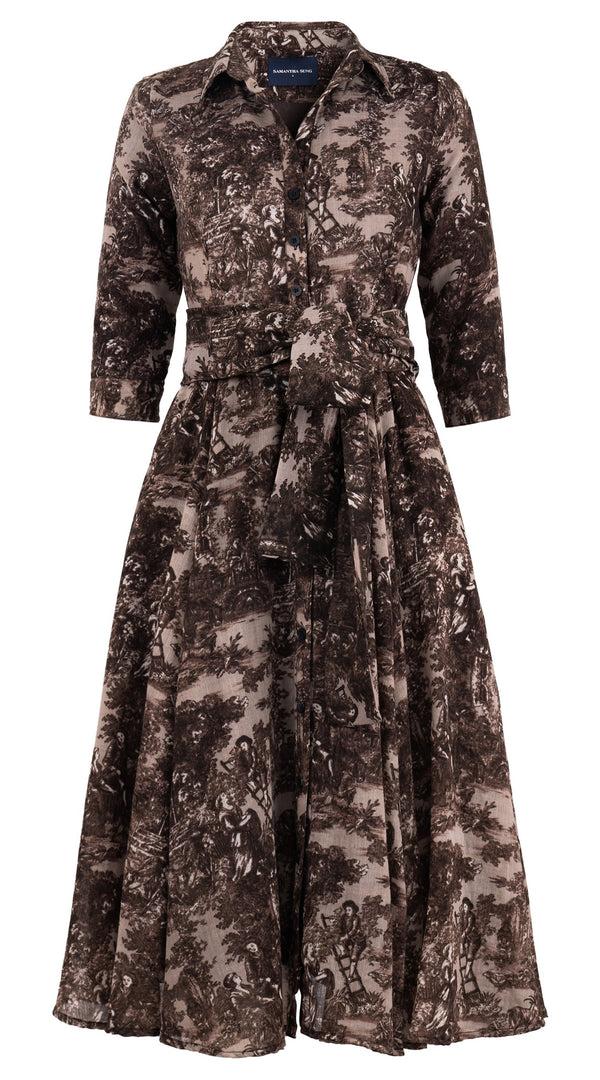 Samantha Sung Aster Dress Shirt Collar 3/4 Sleeve Midi Length Wool (Antilles Toile Ground) - Beige Sepia