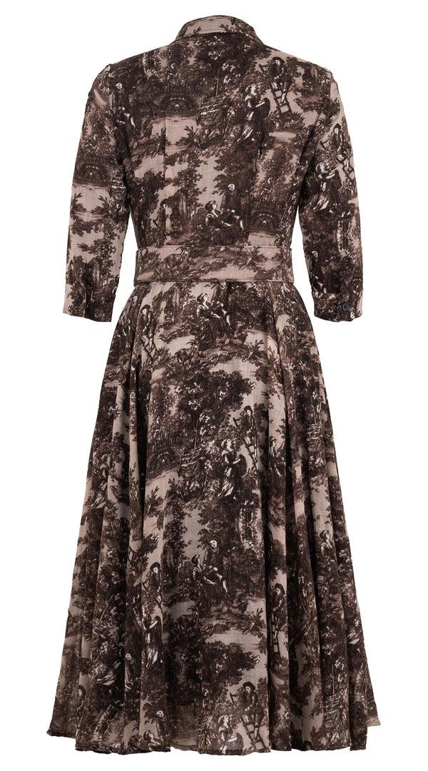 Samantha Sung Aster Dress Shirt Collar 3/4 Sleeve Midi Length Wool (Antilles Toile Ground) - Beige Sepia