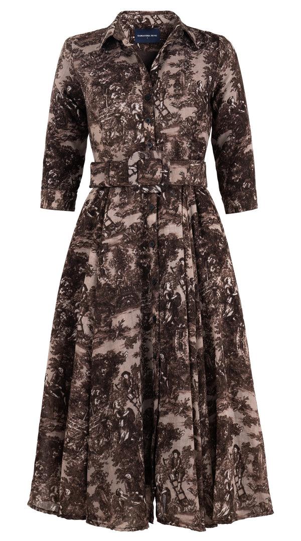 samantha sung Aster Dress Shirt Collar 3/4 Sleeve Midi Length Wool (Antilles Toile Ground) - Beige Sepia samantha sung Aster Dress Shirt Collar 3/4 Sleeve Midi Length Wool (Antilles Toile Ground) - Beige Sepia