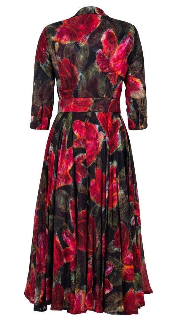 Samantha Sung Aster Dress Shirt Collar 3/4 Sleeve Midi Length Wool (Fiori Cactus) - Black Red