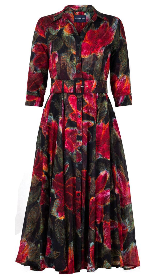 samantha sung Aster Dress Shirt Collar 3/4 Sleeve Midi Length Wool (Fiori Cactus) - Black Red samantha sung Aster Dress Shirt Collar 3/4 Sleeve Midi Length Wool (Fiori Cactus) - Black Red