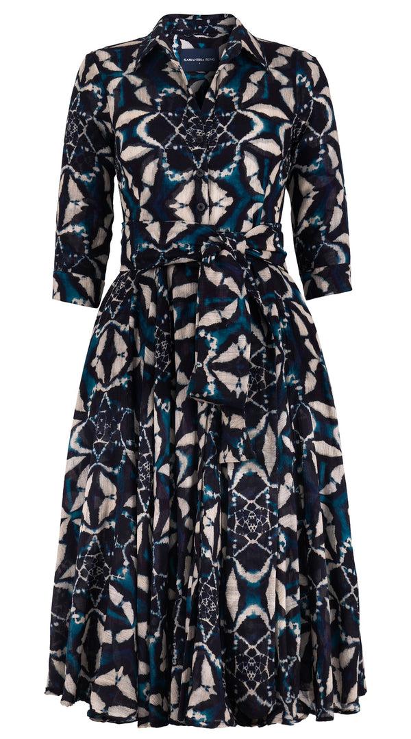Samantha Sung Aster Dress Shirt Collar 3/4 Sleeve Midi Length Wool (Essaouria Tie Dye) - Aqua