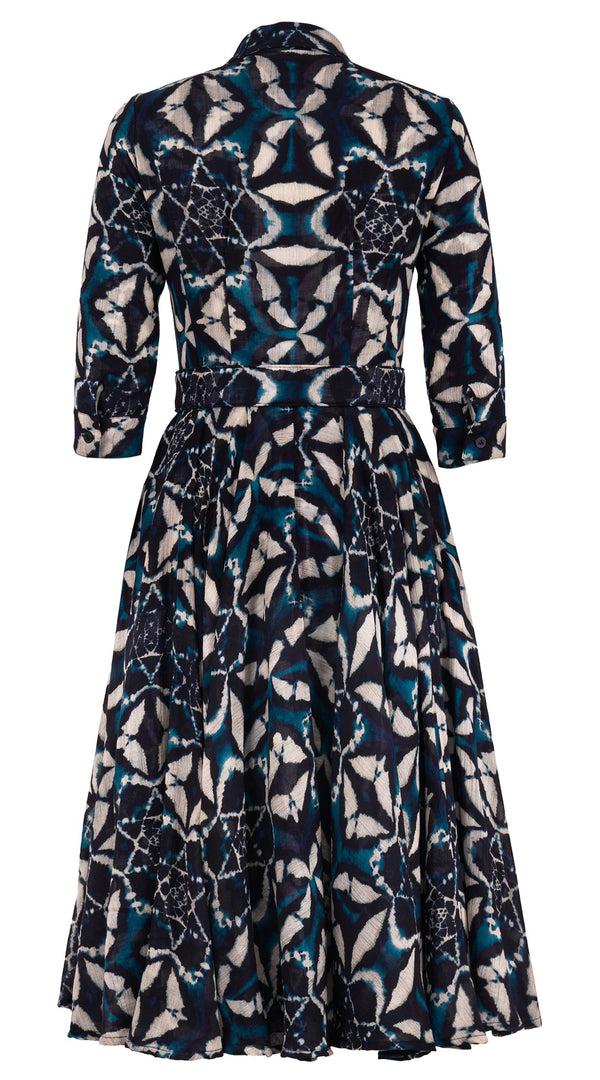 Samantha Sung Aster Dress Shirt Collar 3/4 Sleeve Midi Length Wool (Essaouria Tie Dye) - Aqua