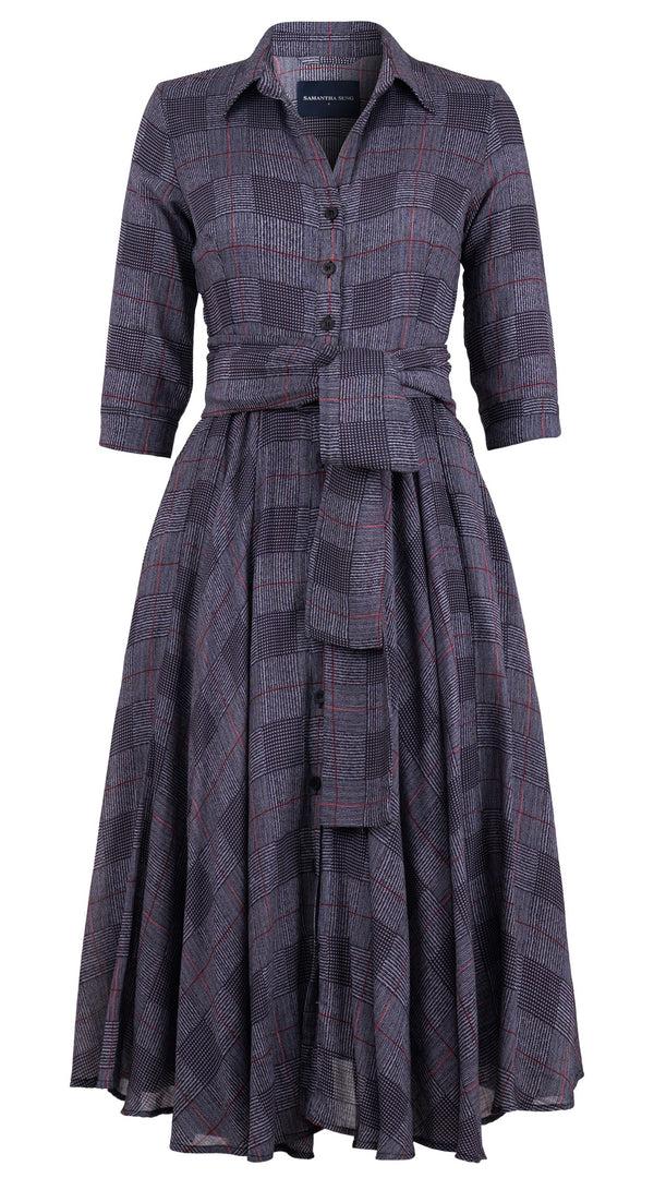 Samantha Sung Aster Dress Shirt Collar 3/4 Sleeve Midi Length Wool (Savile Row Check Ivory) - Ivory Indigo