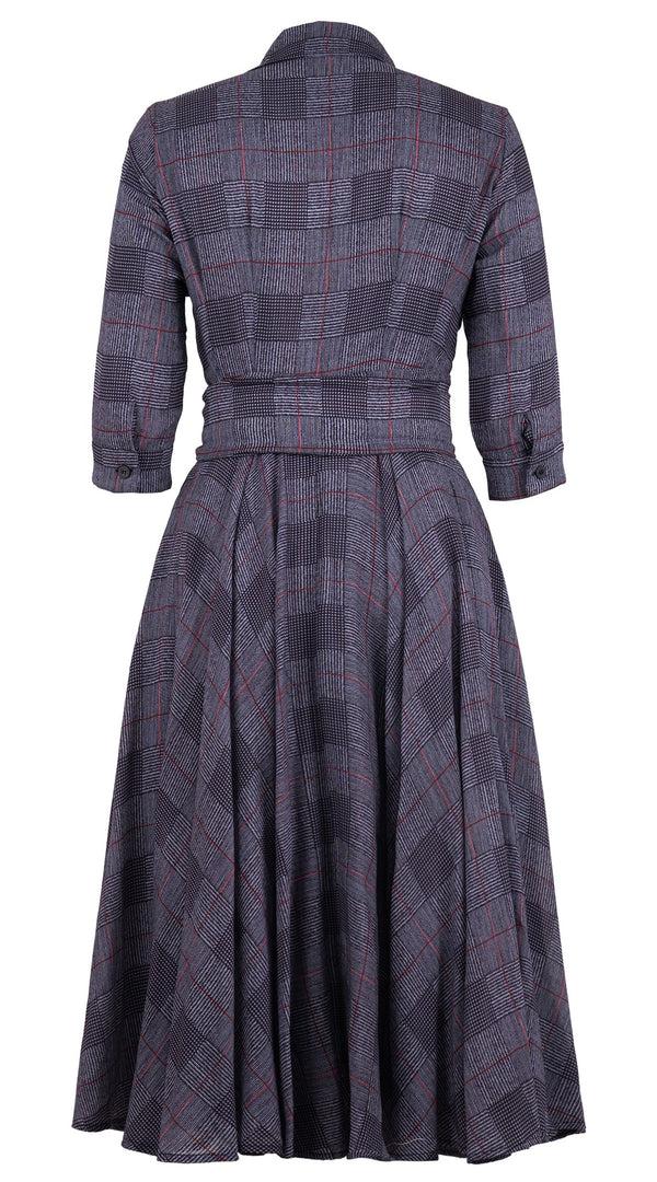 Samantha Sung Aster Dress Shirt Collar 3/4 Sleeve Midi Length Wool (Savile Row Check Ivory) - Ivory Indigo