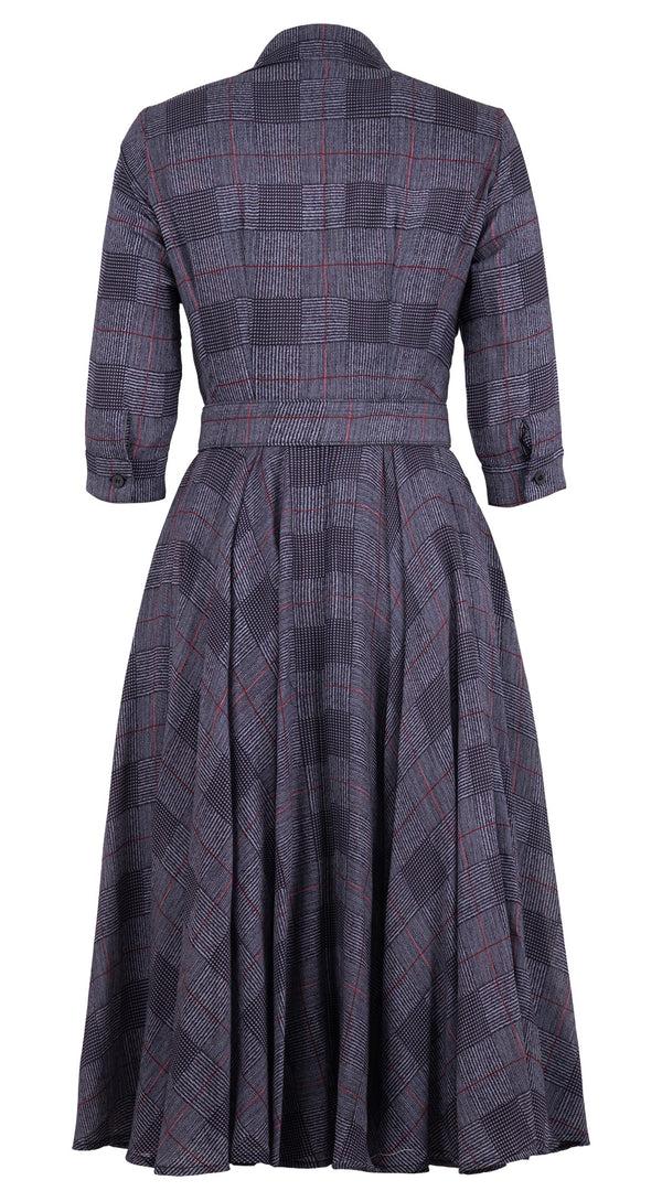 Samantha Sung Aster Dress Shirt Collar 3/4 Sleeve Midi Length Wool (Savile Row Check Ivory) - Ivory Indigo