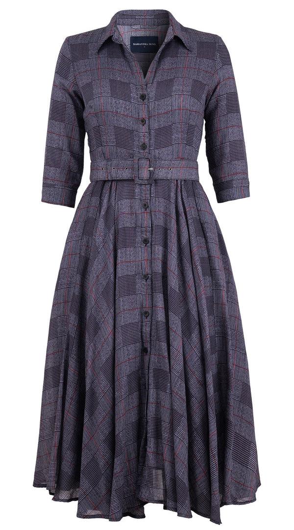 samantha sung Aster Dress Shirt Collar 3/4 Sleeve Midi Length Wool (Savile Row Check Ivory) - Ivory Indigo