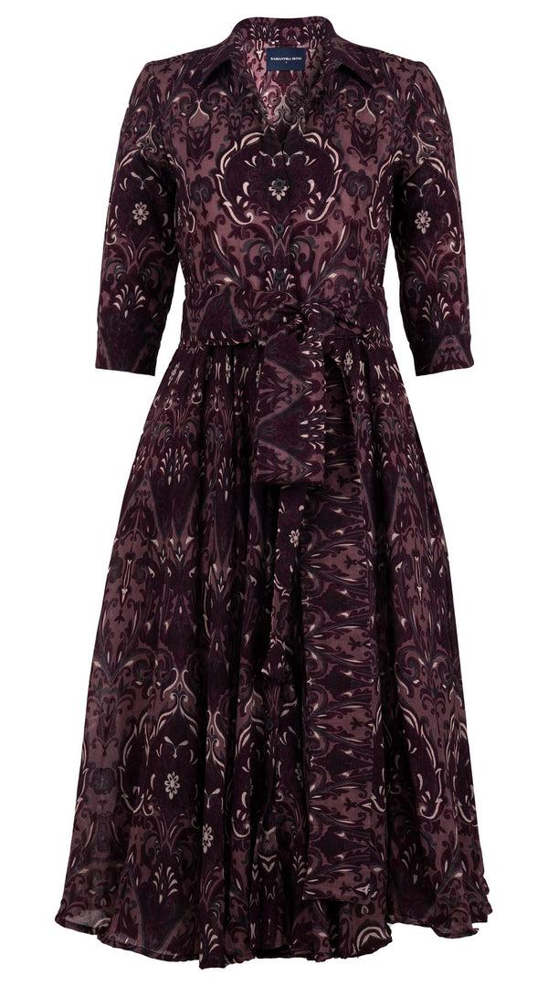 Samantha Sung Aster Dress Shirt Collar 3/4 Sleeve Midi Length Wool (Mill Creek Paisley Dark) - Dusty Pink