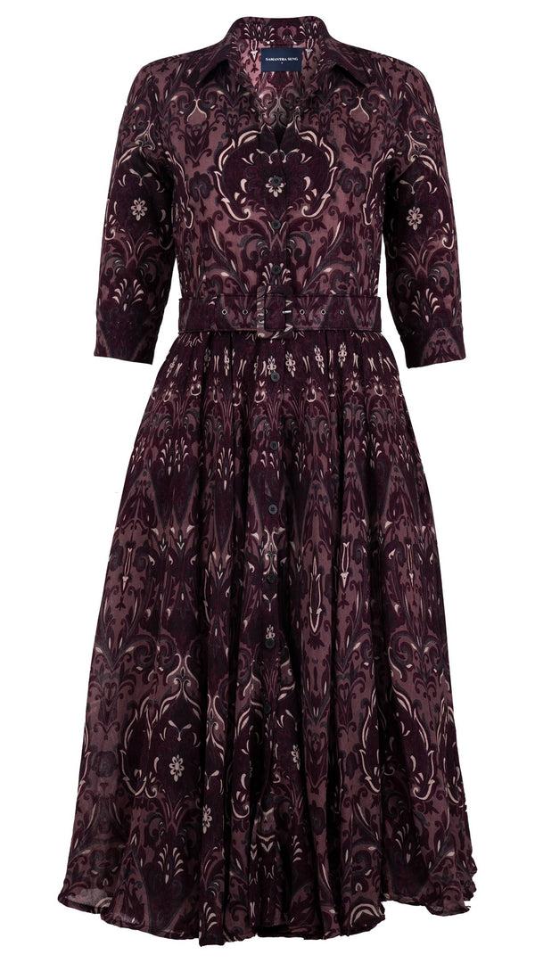 samantha sung Aster Dress Shirt Collar 3/4 Sleeve Midi Length Wool (Mill Creek Paisley Dark) - Dusty Pink