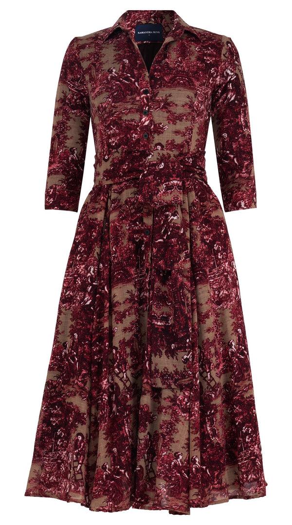 Samantha Sung Aster Dress Shirt Collar 3/4 Sleeve Midi Length Wool (Antilles Toile Ground) - Camel Burgundy