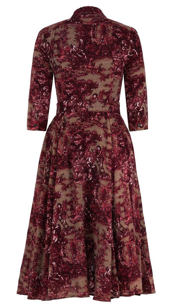 Samantha Sung Aster Dress Shirt Collar 3/4 Sleeve Midi Length Wool (Antilles Toile Ground) - Camel Burgundy