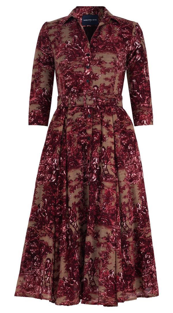 samantha sung Aster Dress Shirt Collar 3/4 Sleeve Midi Length Wool (Antilles Toile Ground) - Camel Burgundy