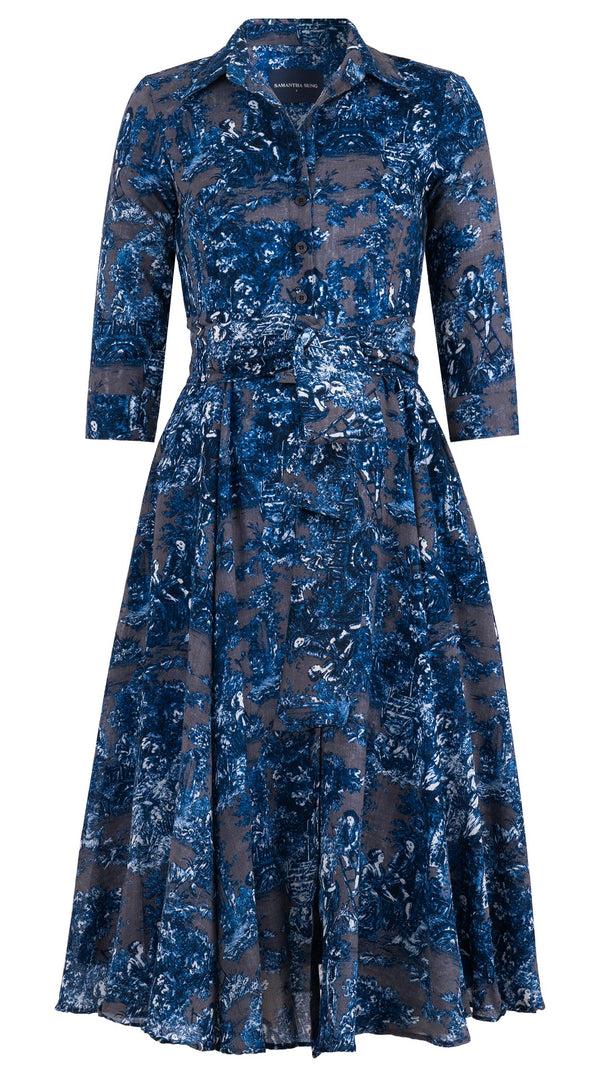 Samantha Sung Aster Dress Shirt Collar 3/4 Sleeve Midi Length Wool (Antilles Toile Ground) - Grey Blue