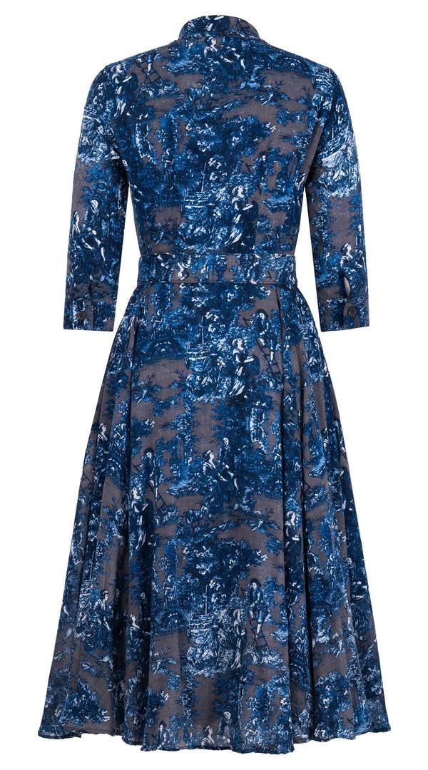 Samantha Sung Aster Dress Shirt Collar 3/4 Sleeve Midi Length Wool (Antilles Toile Ground) - Grey Blue