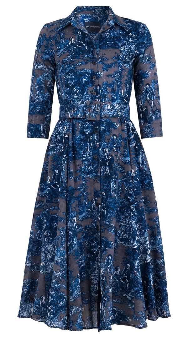 samantha sung Aster Dress Shirt Collar 3/4 Sleeve Midi Length Wool (Antilles Toile Ground) - Grey Blue