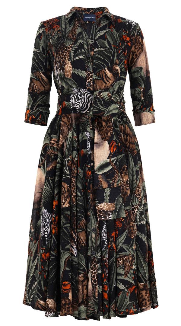 Samantha Sung Aster Dress Shirt Collar 3/4 Sleeve Midi Length Wool (Animal Forest) 7