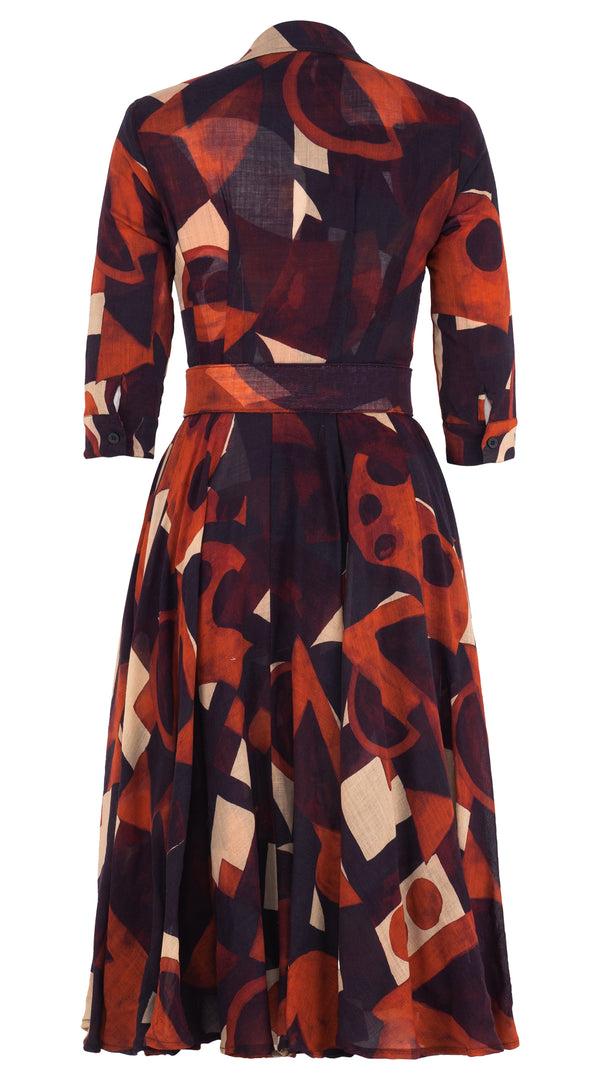 Samantha Sung Aster Dress Shirt Collar 3/4 Sleeve Midi Length Wool (Morello Graphic Dark) - Red Sepia