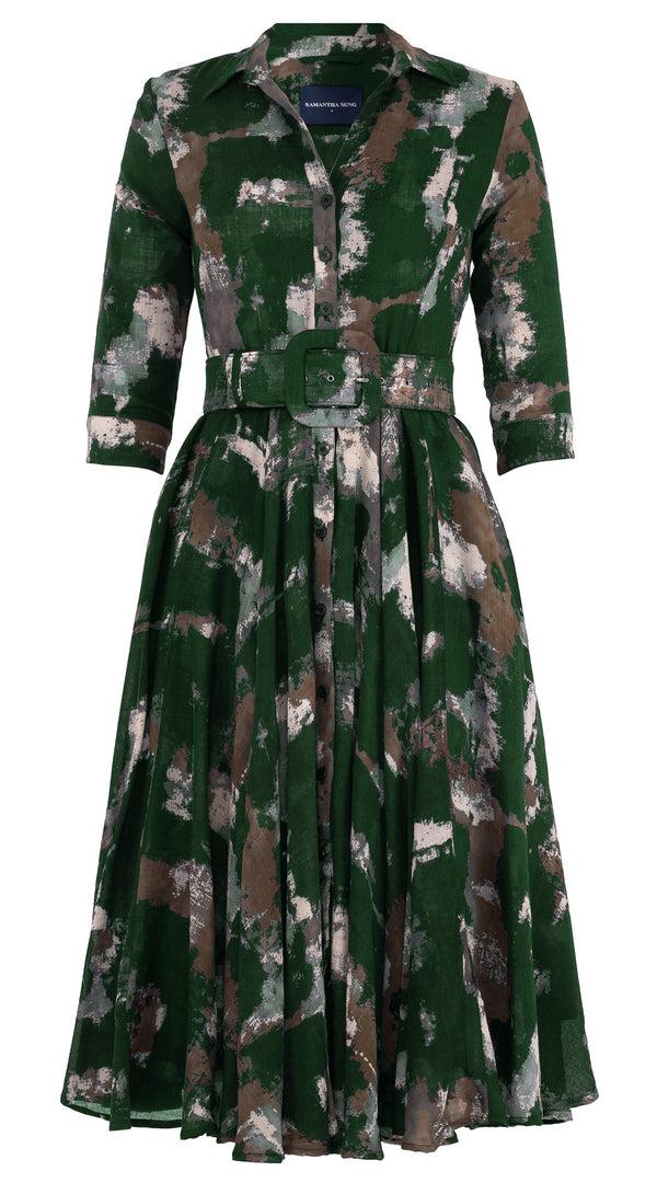 samantha sung Aster Dress Shirt Collar 3/4 Sleeve Midi Length Wool (Jupitar Check) - Green